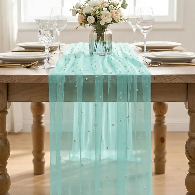 Artoid Mode 6PCS Pearl Turquoise Gauze Table Runner 120 Inch 10FT, Seasonal Sheer Dining Holiday Wedding Birthday Baby Shower Table Decor for Home Party