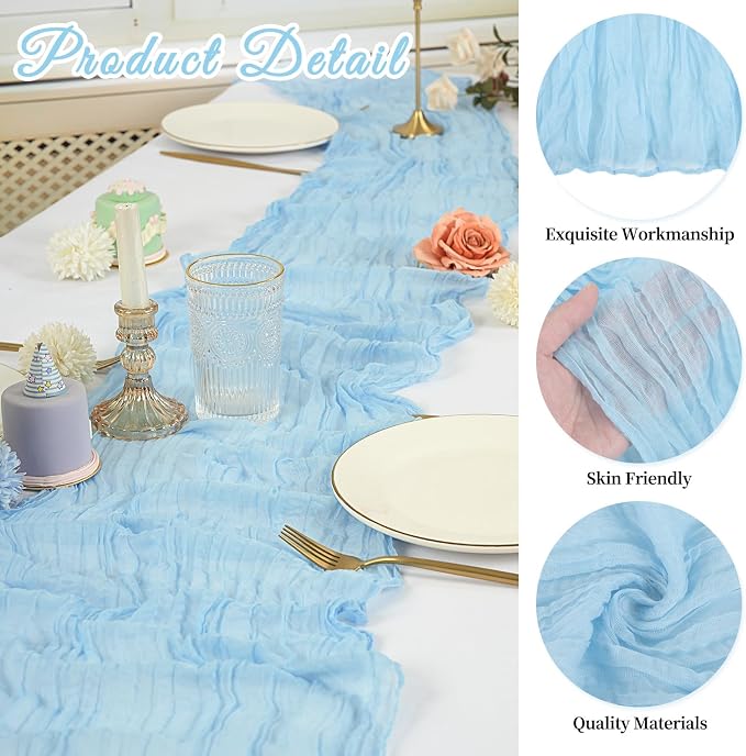 10 Pack Cheesecloth Table Runner 17 x 108 inch Long Boho Gauze Table Runners Semi Sheer Table Runner for Wedding Decor, Baby Shower, Birthday Party, Banquet (Light Blue)