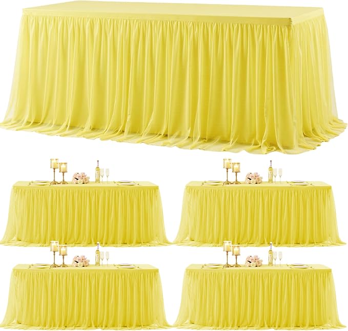 4 Pack Yellow Tulle Tablecloth for 8 Foot Rectangular Tables 8ft Yellow Rectangle Table Cloths Wrinkle Free Table Cover with Tutu Skirt for Birthday Cocktail Banquet Buffet Lemon Fruit Party Decor