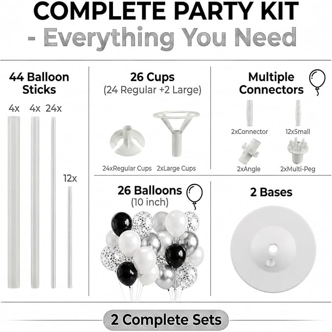 Balloon Column Stand Kit,2 Sets of Assorted Rainbow Balloon Tower Pillar with 10inch Bright Color baloon Reusable Design for Grirls Party,Birthday, Wedding,Baby Shower (Black Silver)
