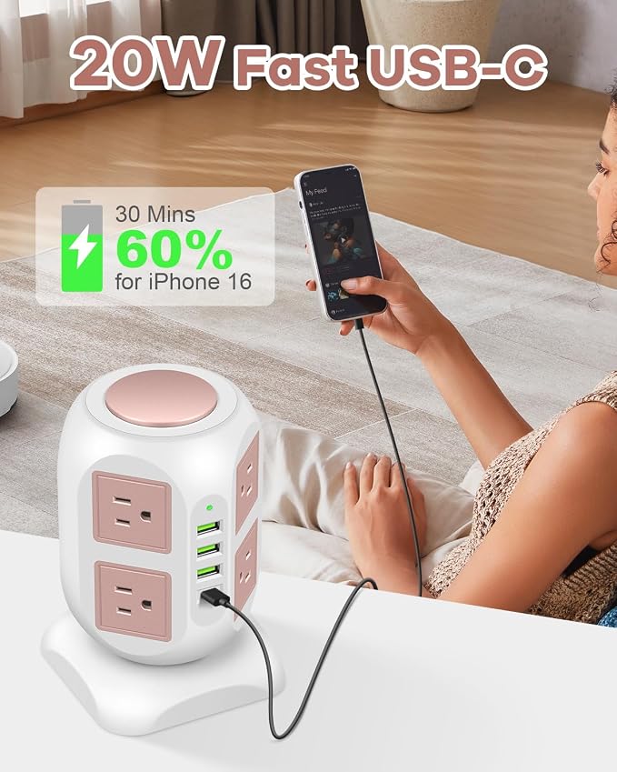 Rose Gold Power Strip Desk Accessories for Women, Girls - Flat Plug Outlet Extender (8 Outlet 4 USB Port) - 10FT Extension Cord Tower Surge Protector - USB C Charging Station - Home Office Room Decor