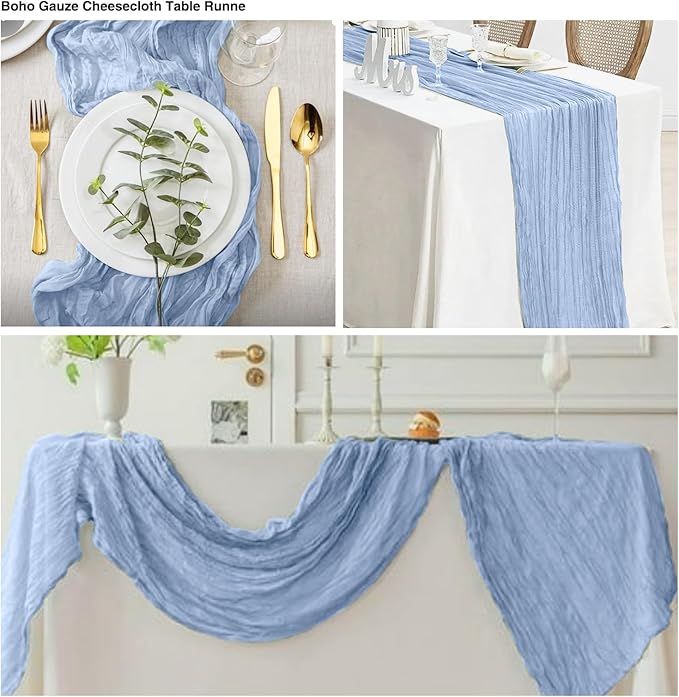 6 Pack Dusty Blue Cheesecloth Table Runner 21x120 Inch Boho Wrinkled Sheer Romantic Gauze Decor for Wedding, Bridal Shower, Birthday Party