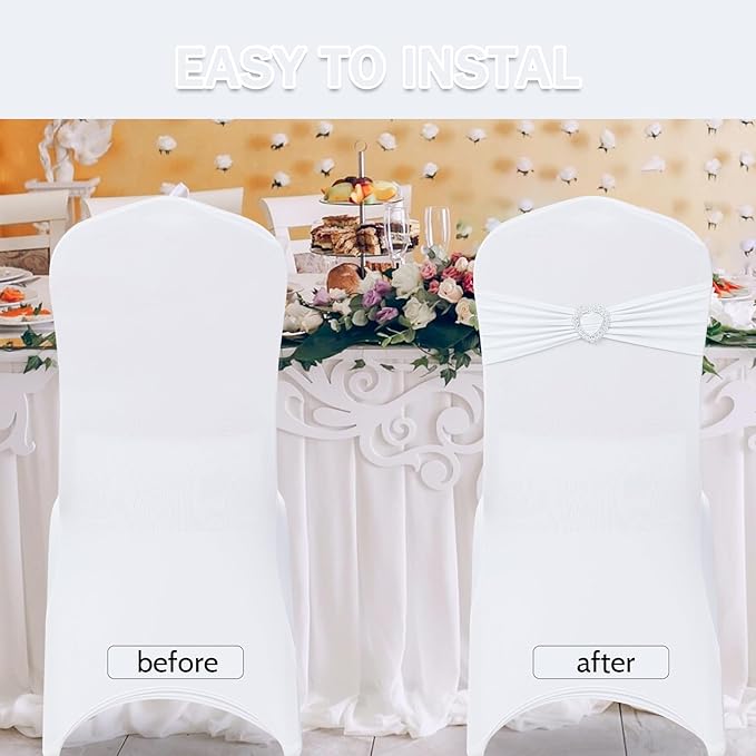 Howhic Pack of 120 Spandex Chair Sashes Bows Stretch Chair Cover Band with Buckle Slider Universal Elastic Chair Ties for Wedding Banquet Party Event Decoration (White)