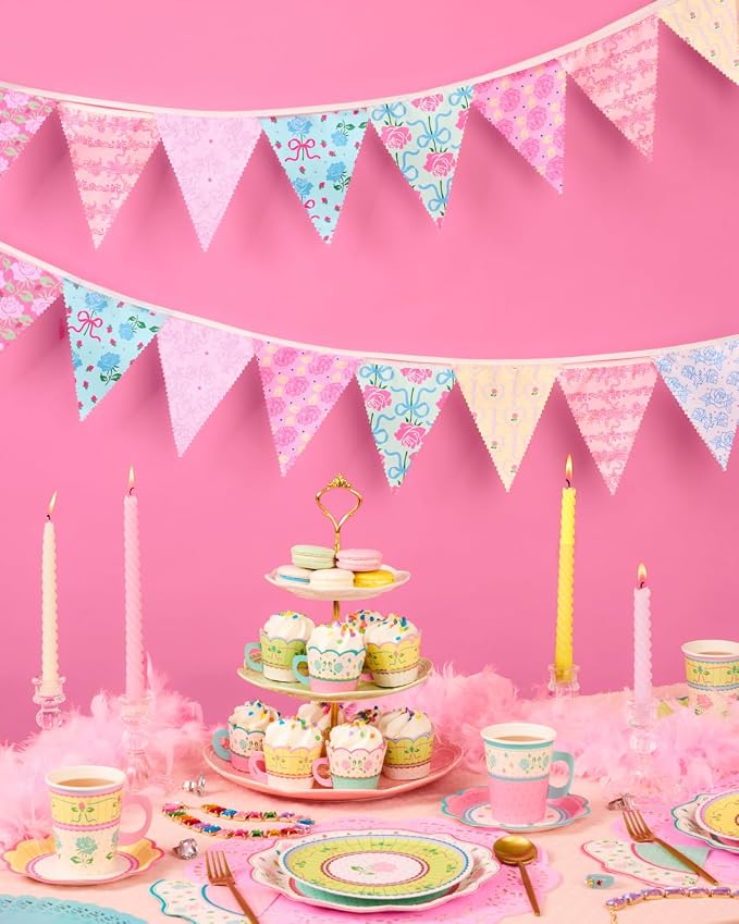 xo, Fetti Tea Party Bunting Banner - 32 Pieces 30ft | Garden Party Garland, Pastel Floral Decor, Birthday, Easter Pennants, Spring, Mother's Day, Pink Blue Purple