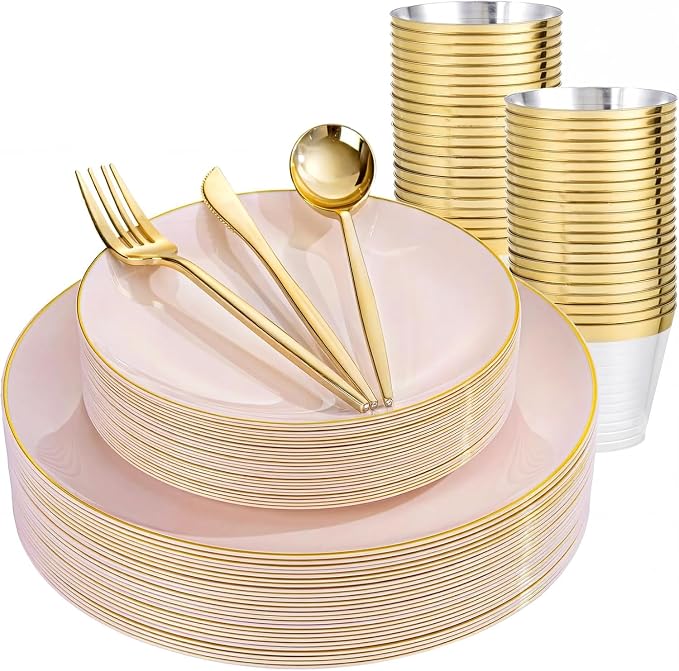 bUCLA 150PCS Pink Plastic Plates - Pink and Gold Disposable Include 25 Each (Dinner & Dessert) Plates, 25 Knives, 25 Forks, 25 Spoons and 25 Cups, Ideal for Party & Wedding
