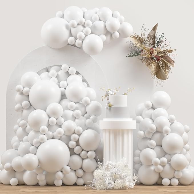 White Double Stuffed Balloons Different Size 115Pcs 5/10/12/18" White Balloon Arch Garland kit for Birthday Baby Shower Bridal Shower Gender Reveal Wedding Theme Party