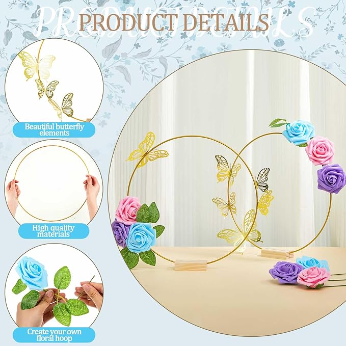 Vercraft 12 Set Butterfly Metal Floral Hoop Table Centerpieces, Metal Ring with 3D Butterfly Decor, PE Foam Flower, Adhesive Dot, Gold Wires for DIY Wedding Party(Blue, Purple, Pink,Round)