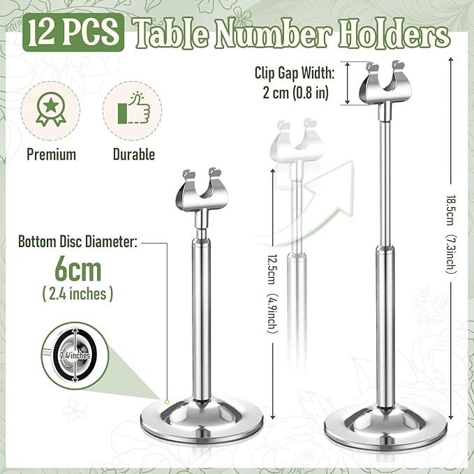 Kathfly Silver 12 Set Table Number Holders Adjustable Metal Place Card Holders Harp-clip Tabletop Sign Stands Detachable Card Holder for Weddings Birthday Restaurants Table Decor (4.9-7.3 Inch)