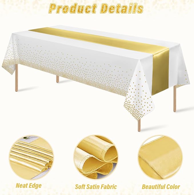 24 Pack White and Gold Tablecloth and Table Runner Set Party Decorations, White and Yellow Gold Plastic Disposable Tablecloth and Satin Table Runner for Wedding Birthday Graduation Anniversary Party