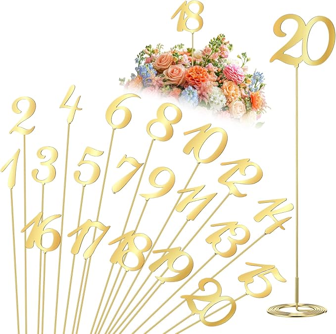 Novabright 20 Pcs Metal Table Numbers 1-20 Numbers for Wedding Reception, 10 Inch Stainless Steel Table Number Signs with Sturdy Holder Base for Banquet, Party, Restaurant & Event Decor (Gold)