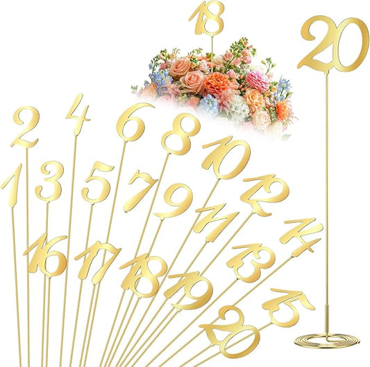 Novabright 20 Pcs Metal Table Numbers 1-20 Numbers for Wedding Reception, 10 Inch Stainless Steel Table Number Signs with Sturdy Holder Base for Banquet, Party, Restaurant & Event Decor (Gold)