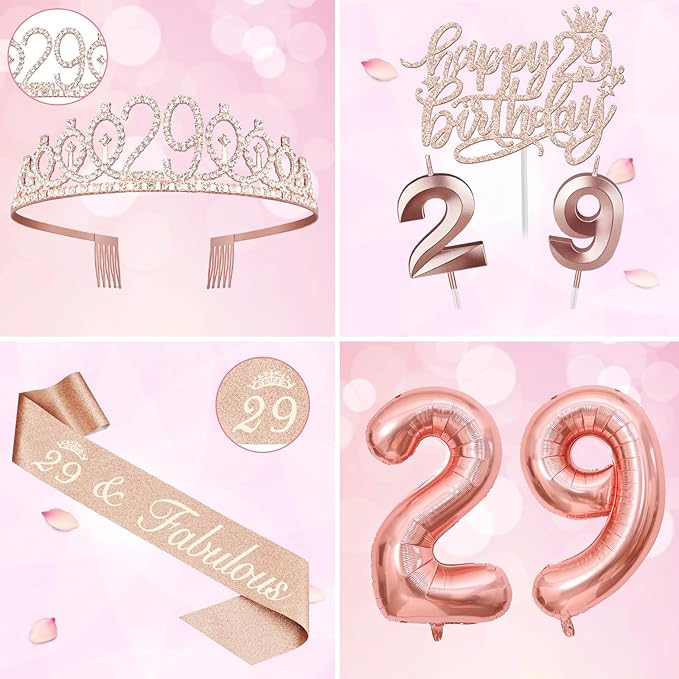 29th Birthday Decorations for Women, Including 29th Birthday Sash and Tiara, Cake Topper and Candles, Number Balloons, 29 Year Old Gifts for Women