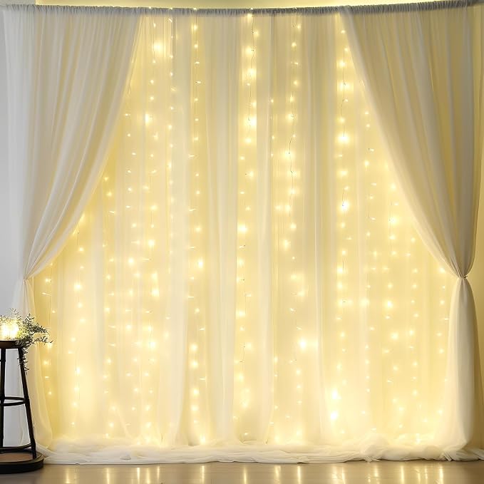 10ft x 10ft Beige Chiffon Backdrop Curtain with Lights String for Parties,2 Panels Sheer Chiffon Curtain Wedding Backdrop with Lights for Baby Shower Birthday Party Ceremony Reception Home Decorations