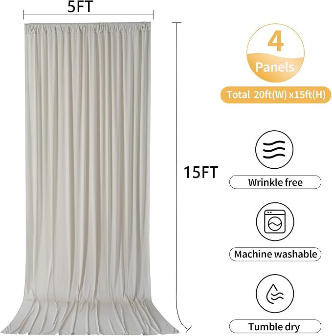 20ftx15ft Beige Backdrop Curtains for Parties, Wrinkle Free Polyester Beige Photo Backdrop Drapes 4 Panels 15 ft Long Back Drop Cloth for Wedding Birthday Photography Background Party