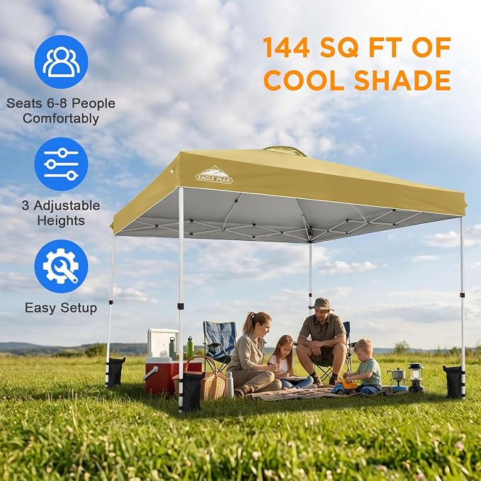 EAGLE PEAK Pop Up Canopy Tent with Wheeled Carry Bag, 8 Stakes, 4 Ropes, 4 Weight Bags, Easy Set Up Tent Canopy, 12x12 ft, 144sqft of Shade, Beige