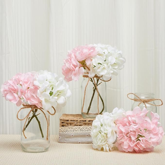 4 Sets Mason Jar with Lights Pink and White Hydrangea Decorative Pink White Centerpieces for Tables Mason Jars Flowers Decorations LED Farmhouse Vase for Home Wedding Event Party Decor