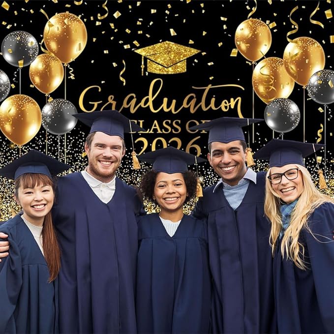 DASHAN 10x8ft Graduation Decorations Backdrop Black Gold Congrats Grad Class of 2026 Backdrop for Photography Graduation Ceremony Party Supplies Background Cake Table Banner Decor Photo Booth Props