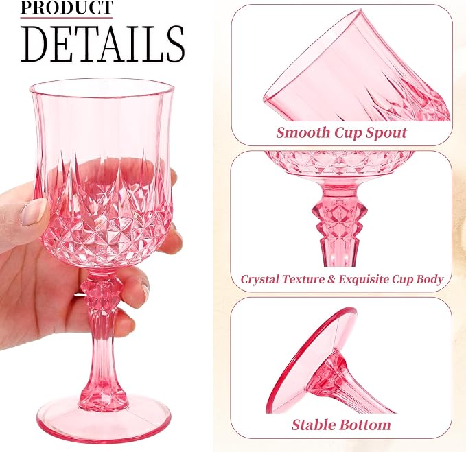 48Pack Pink Plastic Wine Glasses,Vintage Plastic Goblets for Parties, Pink Drinking Glasses Crystal Water Goblets Reusable for Wedding Reception, Grand Event Party Supplies