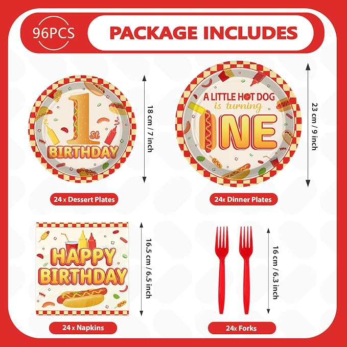 96Pcs Hot Dog 1st Birthday Party Supplies A Little Hotdog Is Turning One Plates and Napkins Fast Food Sausage Disposable Tableware Set for Kids One Year Old Birthday Baby Shower Decorations Serves 24