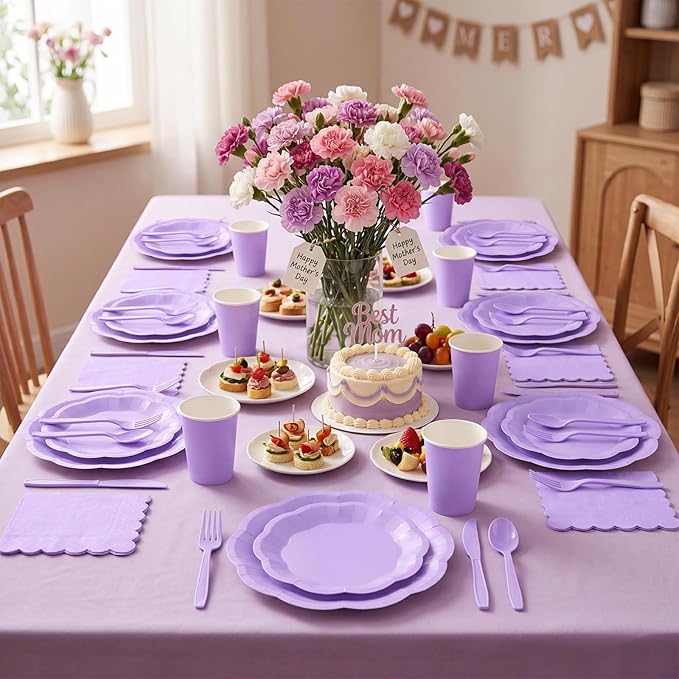 350 Pcs Light Purple Party Supplies Include Scalloped Lavender Plates Mothers Day Napkins Cups Forks Knives Serve 50 Guest Disposable Party Tableware Set for Wedding Baby Shower Birthday Party