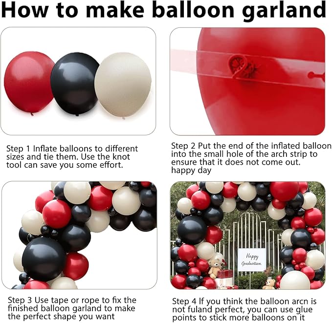 Red Black And White Balloons Garland Arch Kit, Double Stuffed Ruby Ivory Red White And Black Balloons Arch Kit for Birthday Anniversary Graduation Wedding Party Decoration