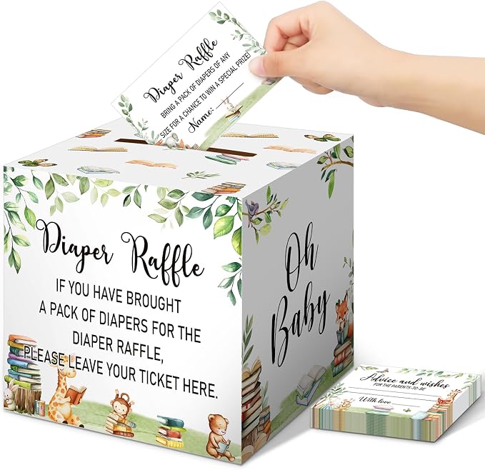 Teling 51 Pieces Diaper Raffle Tickets with Card Box Baby Shower Decorations Gender Reveal Holder Box for Girl Boy Diaper Raffle Party(A New Chapter Will Soon Begin,Storybook)