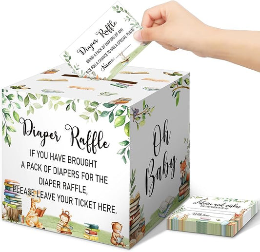 Teling 51 Pieces Diaper Raffle Tickets with Card Box Baby Shower Decorations Gender Reveal Holder Box for Girl Boy Diaper Raffle Party(A New Chapter Will Soon Begin,Storybook)