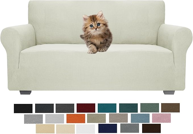 JIVINER High Stretch Loveseat Sofa Slipcovers 1-Piece Jacquard Couch Covers for 2 Cushion Couch Furniture Protector Washable Sofa Covers for Kids Pets Small Checks (Loveseat, Natural)