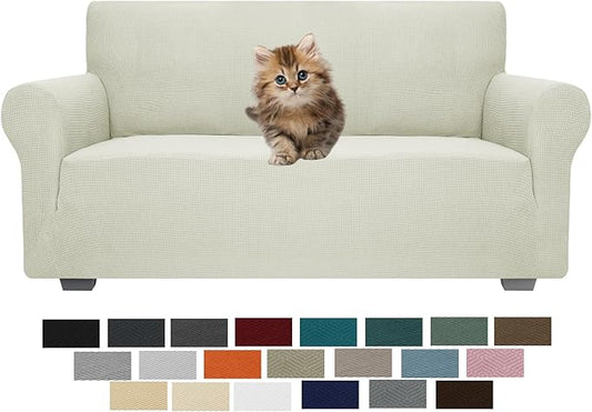 JIVINER High Stretch Loveseat Sofa Slipcovers 1-Piece Jacquard Couch Covers for 2 Cushion Couch Furniture Protector Washable Sofa Covers for Kids Pets Small Checks (Loveseat, Natural)