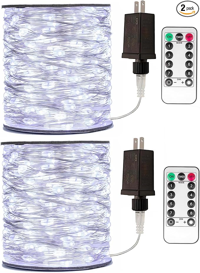 2 Pack 200 LED Fairy Lights Plug in 66Ft Cool White Silver Wire Twinkle Lights LED String Lights with Remote for Christmas Tree Bedroom Living Room Wall Patio Party Decoration