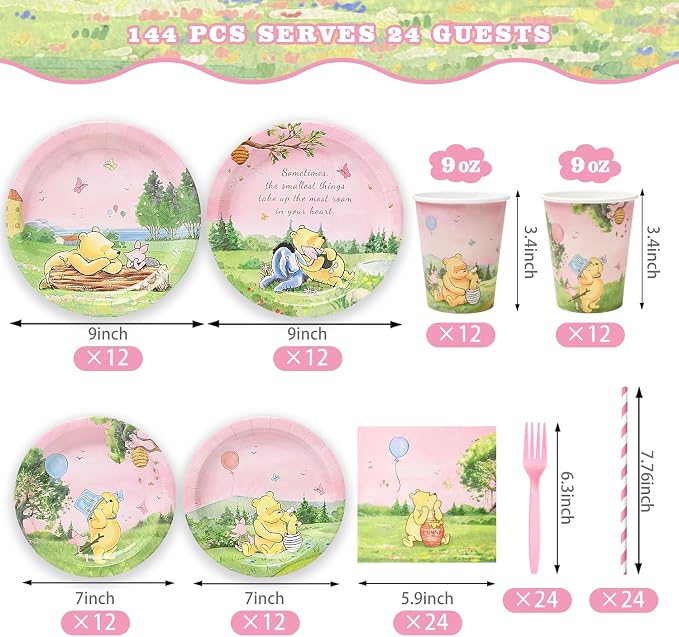 144Pcs Pink Winnie Bear Baby Shower Plates and Napkins Tableware Set, Plates Napkins Cups Straws and Forks Sets, Winnie Baby Shower Decorations Birthday Party Supplies, Serves 24 Guests