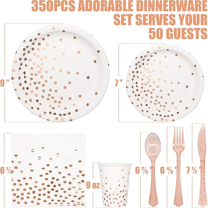 Partylamb White & Rose Gold Party Supplies, 350PCS Disposable Dinnerware Set with Plates Napkins Cups Forks Knives Spoons for Girl Women Birthday Baby Bridal Shower Graduation Wedding Party Decoration