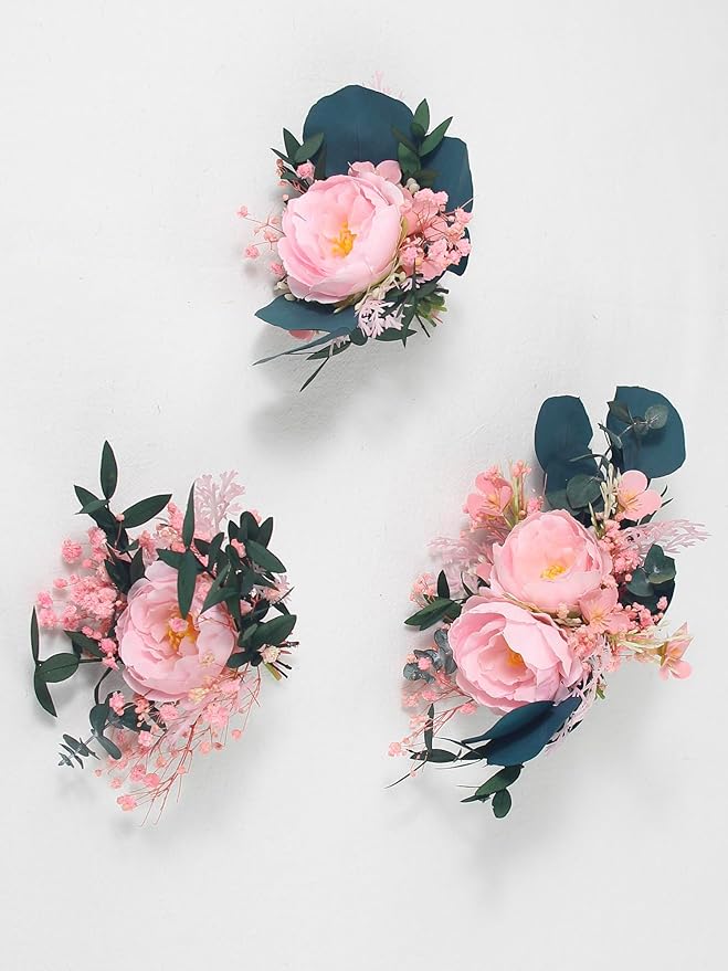 Rinlong 3Pcs Pre-made Cake Flowers Cake Decorations Wedding Cake Decorating Flowers Decor Boho Rustic Birthday Party Artificial Flowers Cake Toppers Pink Dark Green