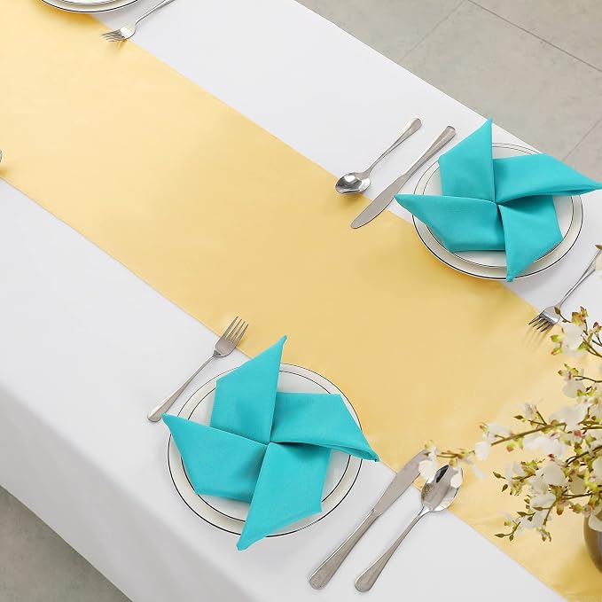 Horbaunal 24 Pack Light Gold Satin Table Runner 12 x 108 Inch, Smooth Table Runners for Wedding Banquets Birthday Party