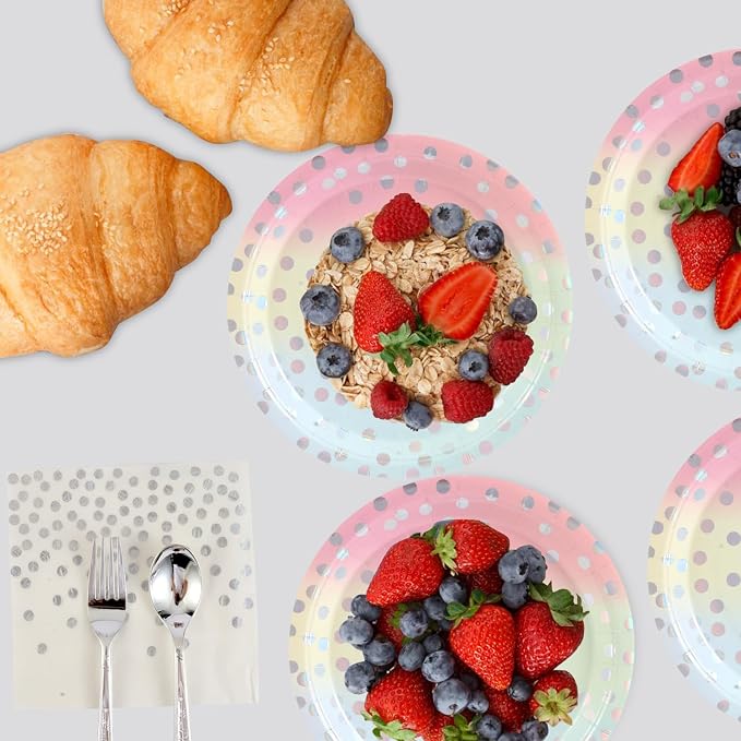 400Pcs Disposable Party Dinnerware Set, Paper Tableware Set, Disposable Party Supplies Happy Birthday Paper Plates, Napkins, Cups, Plastic Forks Knives Spoons Straws Favor for 50 Guests