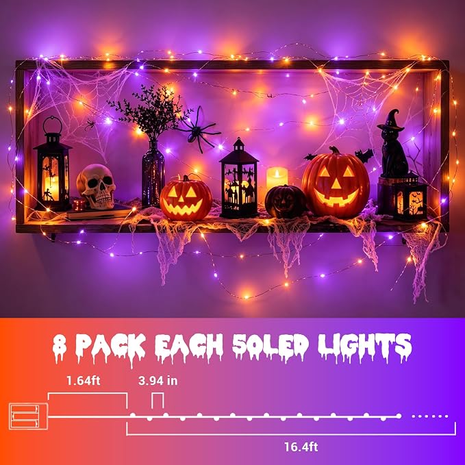 YEGUO Fairy Lights Battery Operated, 8 Packs Each 16ft 50 LED String Lights, 2 Modes Silver Wire Christmas Twinkle Light Indoor for Halloween Bedroom Wedding Party Holiday Gift(Orange and Purple)