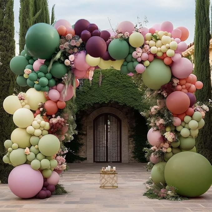 Dusty Pink Green Yellow Balloon Garland - Double Stuffed Sage Olive Green Mauve Matte Pastel Plum Balloon Arch Kit for Baby Shower Birthday Floral Enchanted Forest Valentines Party Decoration