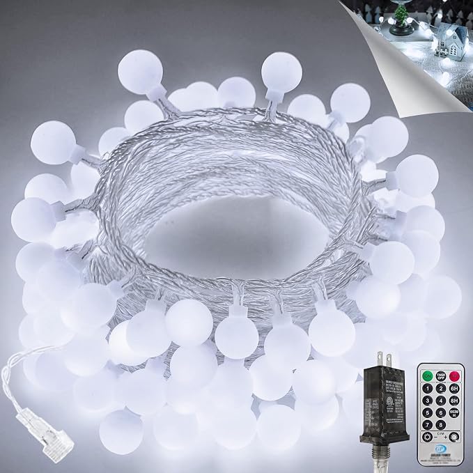 100LED Connectable Classroom String Lights Indoor Outdoor, 43ft White Globe Lights Plug in with Remote, 8 Lighting Modes Waterproof Fairy Light for Bedroom Classroom Wedding Christmas Decorations