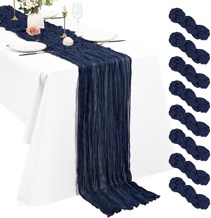 8 Pack Cheesecloth Table Runner, 10Ft Boho Gauze Table Runner 35×120 Inch Rustic Romantic Long Table Runner for Wedding Party Bridal Shower Thanksgiving Christmas Decoration(Navy Blue)
