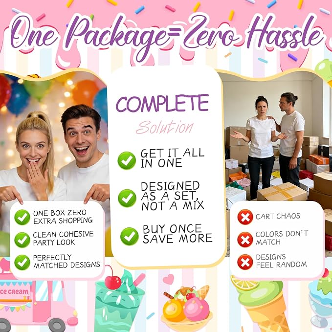 286pcs Ice Cream Birthday Party Decorations for Girl, Worry-free One-stop Set for 25 Guests, with No-DIY Banner Thick Plates and Ice Cream Balloon Arch, Easy Setup for Ice Cream Party