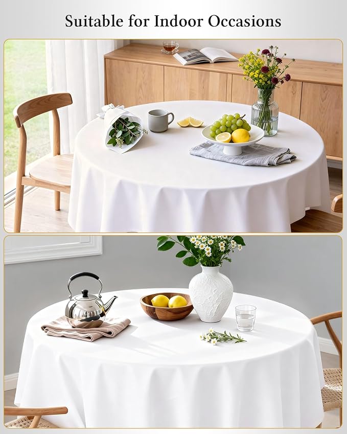 BESTVIP 60 Inch White Washable Round Polyester Fabric Tablecloths | Fits 20"-48" Tables |Decorative Fabric Table Cover for Dining Tables, Restaurant, Parties, Banquet, Events, Holiday