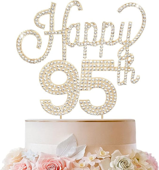 LINGTEER Happy 95th Birthday Gold Rhinestone Cake Topper - Cheers to 95th Birthday 95 Years Old Anniversary Party Cake Centerpieces Topper Decorations Gift Sign.