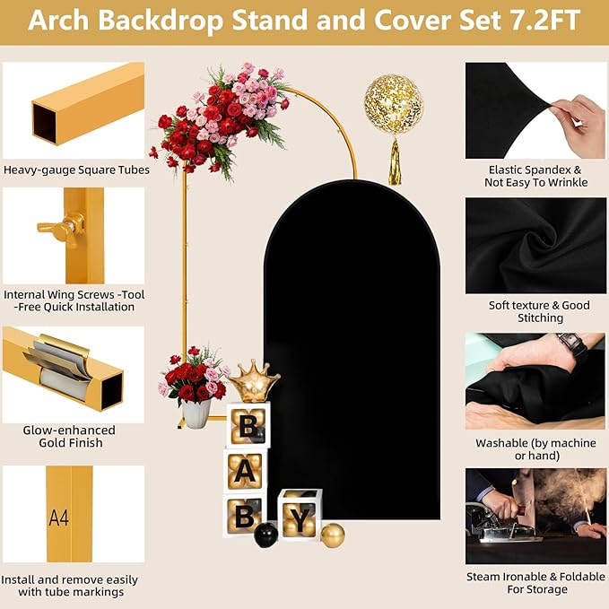 Metal Arch Backdrop Stand and Cover Set, 7.2FT Gold Wedding Backdrop Arch Frame Stand with Cover, Balloon Arch Stand with Black Arch Cover for Party Birthday Baby Shower Graduation Decorations