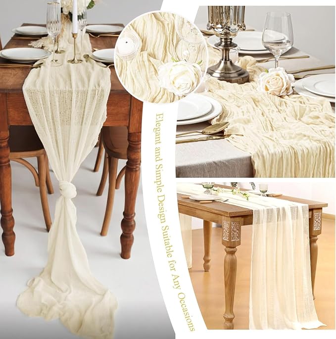 10 Pack Ivory Cheesecloth Table Runner 17"x108" Boho Gauze Fabric Table Runner Vintage Rustic Sheer Runners for Wedding Party Bridal Baby Shower Table Decorations