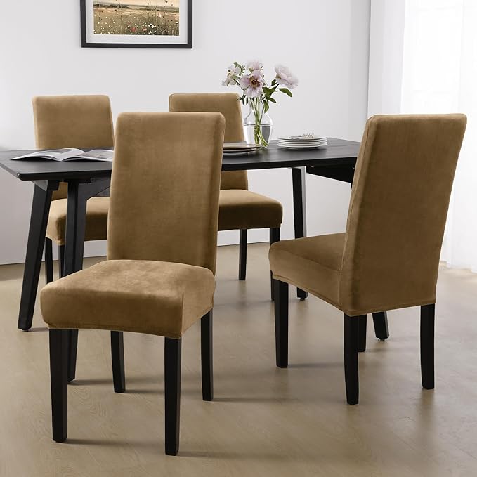 MOSAYT Velvet Stretch Chair Covers for Dining Room Set of 6 - Soft Slipcovers with Thick Removable Fabric for Parsons Chairs, Washable Seat Protectors for Kitchen, Banquet & Home Decor, Camel