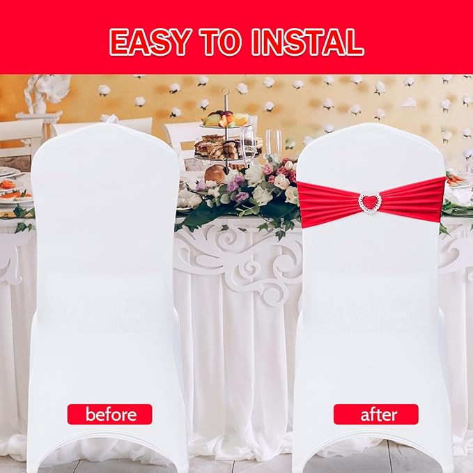 Howhic Pack of 60 Spandex Chair Sashes Bows Stretch Chair Cover Band with Buckle Slider Universal Elastic Chair Ties for Wedding Banquet Party Event Decoration (Ruby)