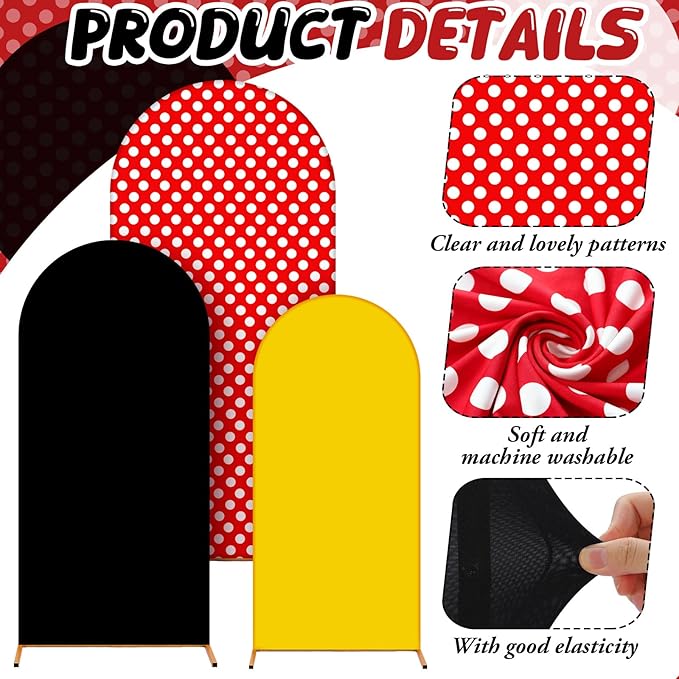 Foilswirl 34 Pieces Cartoon Mouse Birthday Party Decorations 4ft 5ft 6ft Arch Covers 3 Pcs Cartoon Mouse Theme Spandex Arch Backdrop Cover 30 Pcs Red Yellow Black Balloons 1 Ribbon for Party Decor