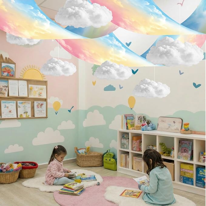 9 Pcs Pastel Sky White Cloud Ceiling Decor Include 12 x 2 ft Fluorescent Light Covers 6 Packs Imitation Artificial 3D Cloud Props DIY Hanging Ornament for Classroom Daycare Nursery Party Decorations