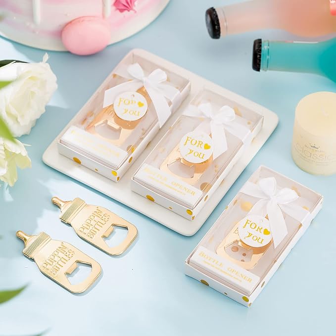 24 Pieces Baby Bottle Openers Baby Shower Favors, Gifts, Decorations, or Souvenir Guest Gift Boxes, Poppin Design for Boys or Girls (24 Pack White)