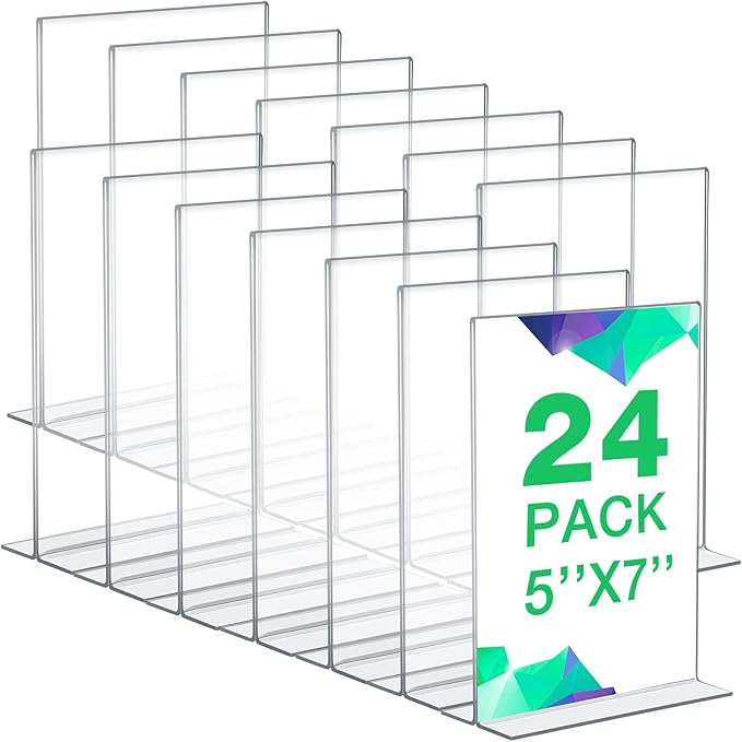 Amyhill 24 Pack Acrylic Sign Holder Plastic Standing Frame Clear Table Menu Double Sided T Shape Poster Acrylic Frame for Wedding Party Office Restaurant Hotel(5 x 7 Inch)